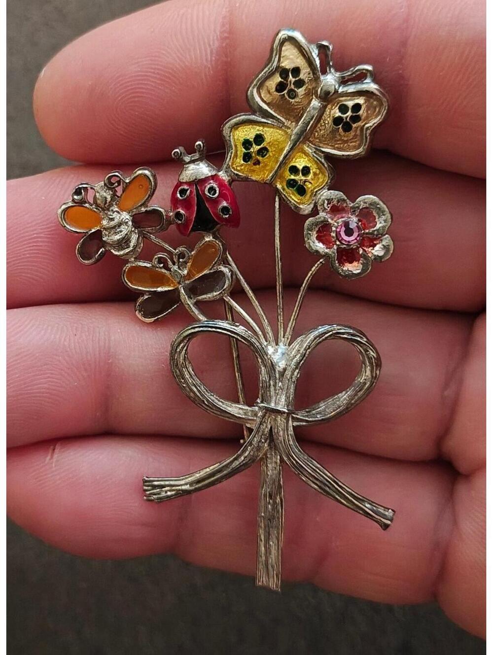 1980s Signed KC (Kenneth Cole) Silver Tone Nature Inspired Bouquet Design Brooch